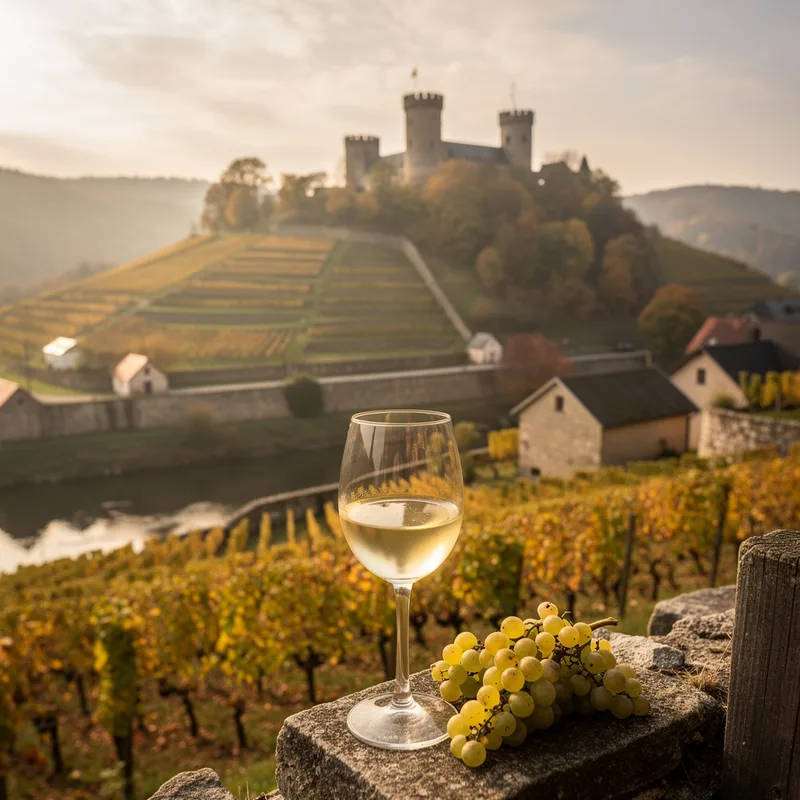 Symbolbild: Terrassenweinberge über der Unstrut mit Burg auf dem Höhenzug