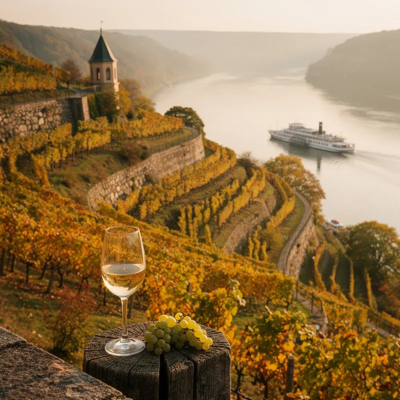 Symbolbild: Terrassenweinberge über der Elbe mit Pavillon und Raddampfer